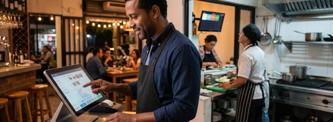 un hombre usa su sistema pos para restaurantes