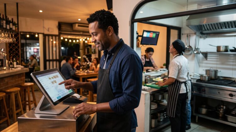 un hombre usa su sistema pos para restaurantes